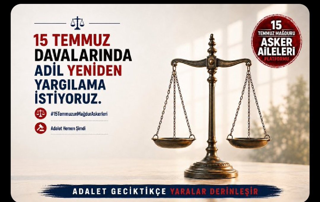 Melis3330's tweet photo. @AskerAdalet @adalet_bakanlik @abakingurlek @NumanKurtulmus @reside_yuksel @abdulhamitgul @RTErdogan @tcbestepe @AvOzlemZengin @drbetulsayan @Hayati_Yazici @K_Turkmenoglu_V @yahyacelik_ @drummugulsen @AvBehiye @tugbaisikercan @akadirakgul66 @erkankandemir @leylasahinusta @SuleymanSahinb6 @serpilkavrak Adalet geciktikçe yaralar derinleşiyor. Darbeyi kim yaptıysa müebbeti o yatsın, #15TemmuzunMağdurAskerleri artık özgürlüğüne kavuşmalı!
@adalet_bakanlik @abakingurlek @NumanKurtulmus @reside_yuksel @abdulhamitgul @RTErdogan @tcbestepe @AvOzlemZengin @drbetulsayan @Hayati_Yazici https://t.co/ZlX2dwsOyk