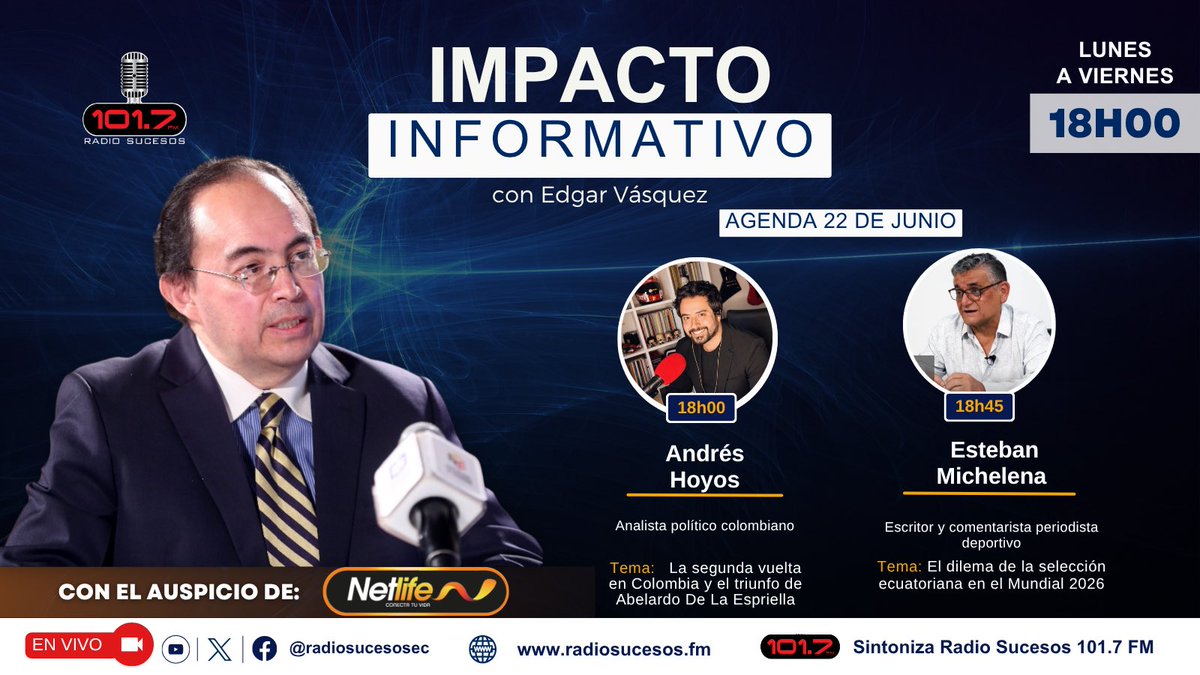 radiosucesosec's tweet photo. 🔴HOY | A las 18h00 en nuestro programa @Elimpactoinform junto a @e6vasquez nos acompañan:    

🔹Andres Hoyos 
🔹Esteban Michelena 

📻Sintoniza 101.7 FM
🎥#EnVivo por Facebook y YouTube https://t.co/8GAvzyrw9v