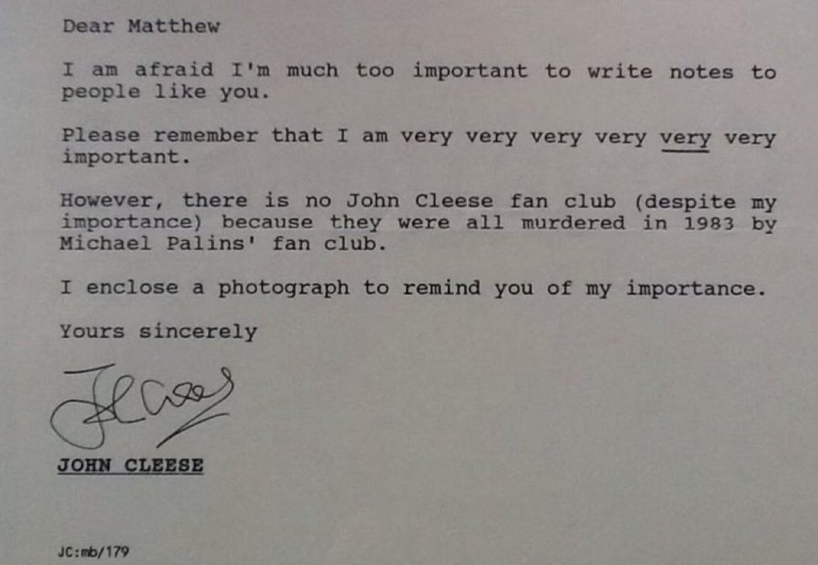 TheCinesthetic's tweet photo. John Cleese’s reply to a 14-year-old fan asking if there was a fan club he could join is exactly as delightfully absurd as you’d expect. https://t.co/qgIjJgBSmV