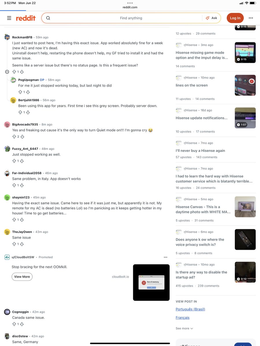 GomerWHoward's tweet photo. @HisenseGlobal 

Global ConnectLife outage. You should check your servers. https://t.co/MpL0TsjXxo
