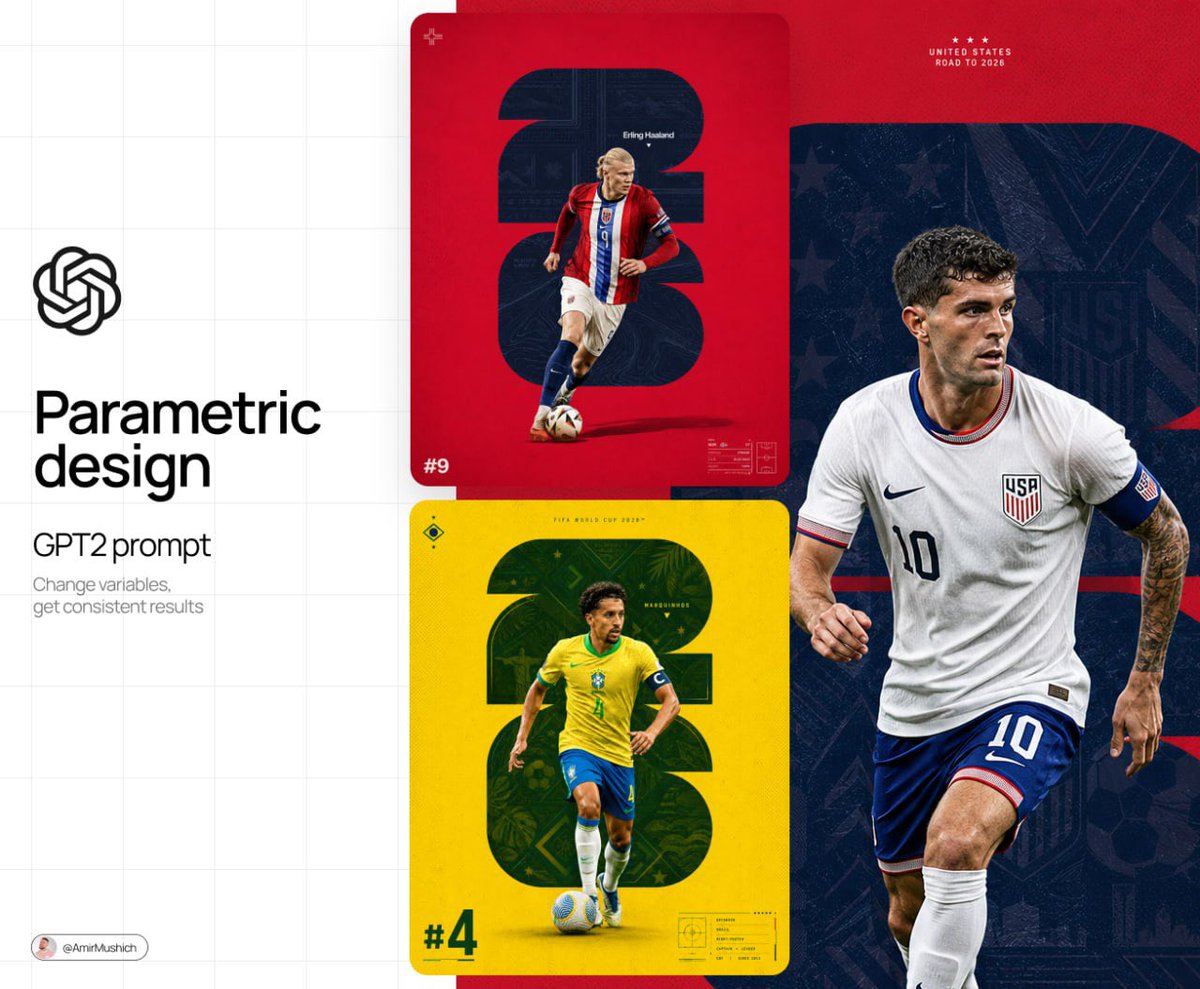 AmirMushich's tweet photo. Parametric design: 
FIFA World Cup cards

This layout is pre-structured for you in the parametric/base AI prompt

My fav part:
The WC logo is automatically filling with country-inspired patterns (zoom in each - and you’ll see the style)

Test it out below 👇 https://t.co/RJjlY7JzI7