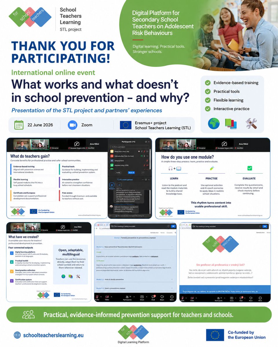utrip's tweet photo. Thank you to everyone who joined our international STL event! 🌍

School #prevention works best when it is practical, evidence-informed and useful for teachers.

Explore the platform: https://t.co/GDWRAXIf28

#SchoolTeachersLearning #ErasmusPlus #SchoolPrevention @EUErasmusPlus https://t.co/b8IsK2OXjm