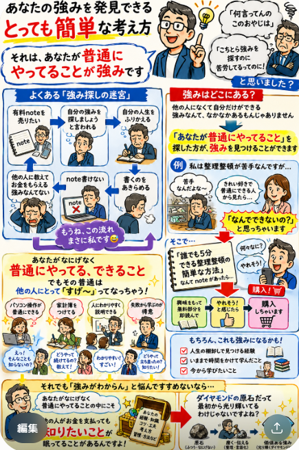 dad7712's tweet photo. あなたの強みを発見できる
とっても簡単な考え方

それは、あなたが普通に
やってることが強みです

「何言ってんのこのおやじは」

「こちとら強みを探すのに
苦労してるってのに！」

と思いました？

もう少し具体的に
説明しますね

たとえば有料noteを売りたい
↓
自分の強みを探しましょう
と言われる
↓
自分の人生をふりかえる
↓
他の人に教えてお金をもらえる
強みなんてない
↓
note書けない
↓
書くのをあきらめる

もうね、この流れ
まさに私です😅

他の人になくて自分だけができる
強みなんて

なかなかあるもんじゃありません

強みはどこにあるんだ～
と悩みまくるより

「あなたが普通にやってること」
を探した方が

あなたの強みを見つけることが
できます

例として
私は整理整頓が苦手なんですが

きれい好きで、普通に整理整頓が
できちゃう人から見たら

「なんでできないの？」
と思っちゃいます

そこで
「誰でも5分できる　整理整頓の
簡単な方法」なんてnoteがあったら

何々なに？と興味をもって
無料部分を即読んで

やれそう！
と感じたら購入しちゃいます

あなたがなにげなく
普通にやってる、できること

でもその普通は
他の人にとって「すげ～」って
なっちゃうんです

もちろん
人生の棚卸をやったり

いままで時間をかけて学んだこと

今から学びたいこと
なんてのも強みになるかも
しれません

それでも「強みがわからん」
と悩んですすめないなら

あなたがなにげなく
普通にやってることの中にこそ

他の人がお金を支払っても
知りたいことが

眠ってることがあるんですよ

ダイヤモンドの原石だって
最初から光り輝いてる
わけじゃないですよね？