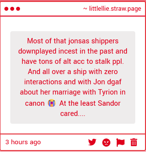 byorhidee's tweet photo. right if they cared about sansa or jon at all they woudnt ship this slop its soooo out of character for both of them like jon is aryasexual and sansa would rather die than be with him https://t.co/OIbbEyjacZ