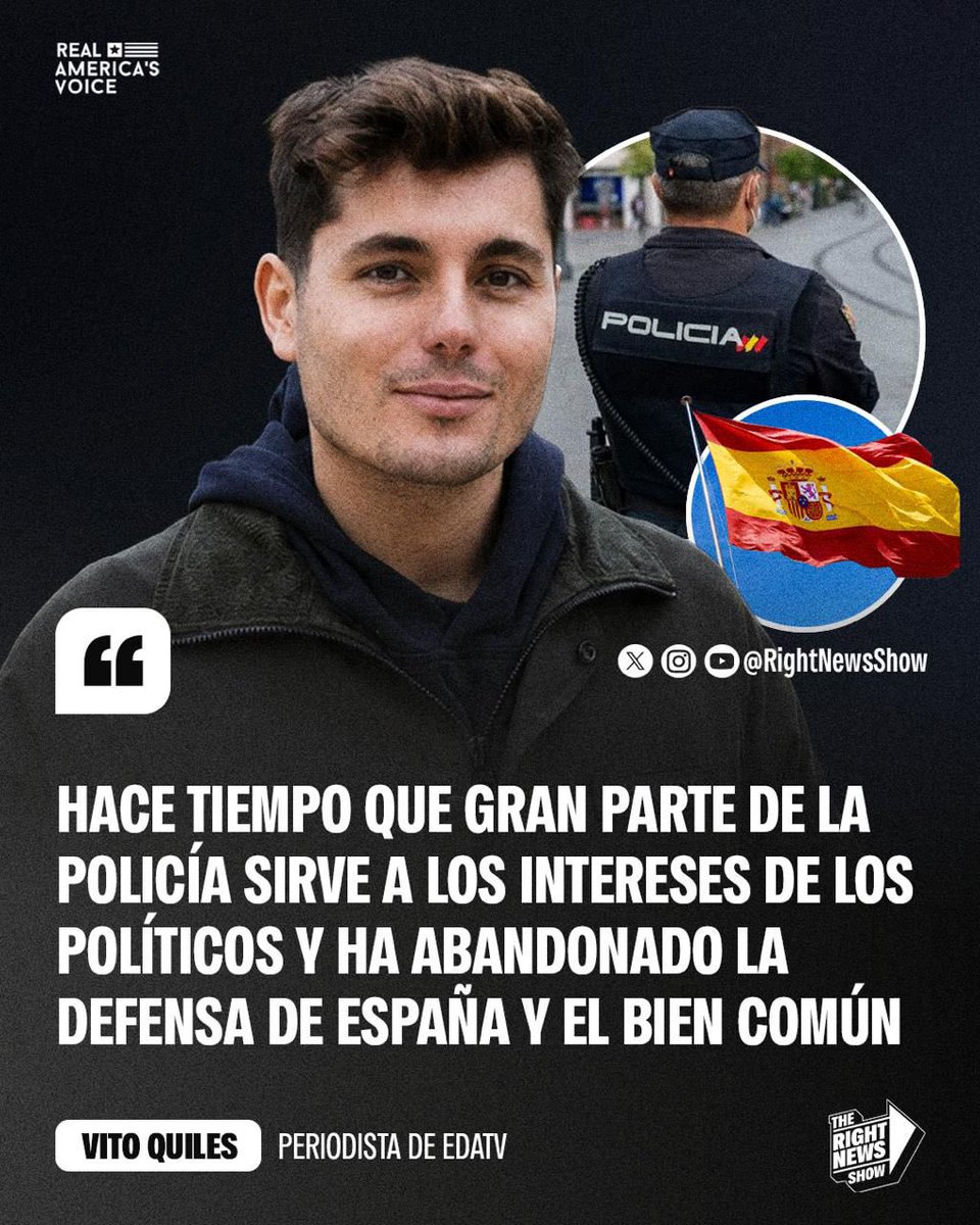 RightNewsShow's tweet photo. 🚨🇪🇸 | Vito Quiles explotó contra la politización de las fuerzas de seguridad y afirmó que parte de la Policía ha dejado de servir a España para responder a los intereses de la clase política.

“Hace tiempo que gran parte de la policía sirve a los intereses de los políticos y ha abandonado la defensa de España y el bien común”.