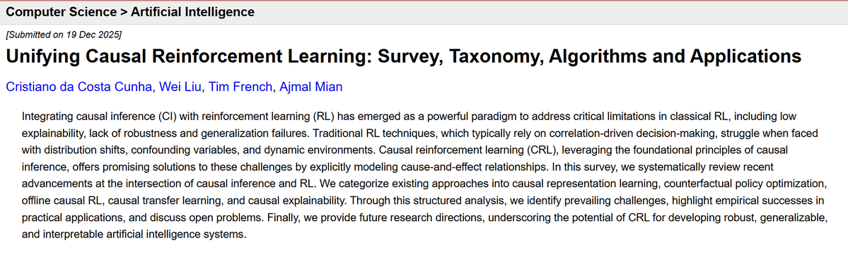 burny_tech's tweet photo. Unifying Causal Reinforcement Learning: Survey, Taxonomy, Algorithms and Applications https://t.co/9lA9f3lpdC