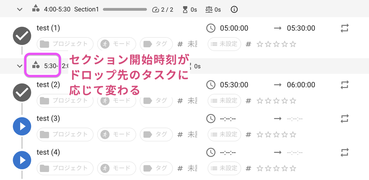 jmatsuzaki's tweet photo. # 🔈 < 2026-06-23 #TaskChuteCloud2 UPDATE🔥

## セクションバーがドラッグできるようになりました

セクションバーがドラッグ＆ドロップできるようになりました。（画像1）

これによって、セクションの開始時刻をドラッグ＆ドロップで簡単に設定できます。セクションバーをドラッグ＆ドロップすると、そのセクションの開始時刻がドロップ先のタスクの開始時刻に変わります。（画像2, 画像3）

## タスクリストに前日のタスク非表示化オプションを追加しました

前日からの繰越セクションと、その中のタスクを非表示にするオプションを追加しました。

ビューオプション内から有効にできます。（画像4)

デフォルト有効ですが、すでに追加されているビューに関しても無効になっているため、既存のビューにおいて前日からの繰越セクションを非表示にしたい場合は、手動でオプションを有効にしてください。

## その他のバグフィックス・機能改善

- タスクリストにて、レシピの実績時間が画面更新しないと出ない問題に対応
- タスクリストにて、セクションを超えてタスクをドラッグするとドロップ位置からズレる問題に対応
- タスクリストにて、タスク追加時、一度リストから消え、再表示される挙動を修正
- タスクリストにて、サイドピークを全画面にするとフローティングコメント消える問題に対応
- Zenモード、Pomodoroモードでサイドピーク開いたらメイン部分を左に寄せるよう修正
- Zenモード、Pomodoroモードでもサイドピークを開くボタンを右上に表示
- Zenモード、Pomodoroモードでもデイリーノートを開くボタンを右上に表示
- Pomodoroモードで集中タイムまたは休憩タイムの時間が短い場合に意図しない動作をする問題に対応
- ルーチン設定で周期が「完了日ごと」のとき、ルーチン開始日を今日にしてもルーチンが今日に生成されない問題に対応
- ルーチン設定で周期が「完了日ごと」のとき、周期設定で次の実行予定日を表示
- 画面下部に表示される新バージョンの検知メッセージと再読み込みボタンが消えないことがある問題に対応
- 画面下部に表示される新バージョンの検知メッセージにおいて、「再読み込み」ボタンが押されたら「読み込み中」表示に切り替え（二重実行の予防）
- ノートで折りたたみブロック（Toggle）のドラッグ＆ドロップの動作を安定化
- ゴミ箱が空にならない問題に対応