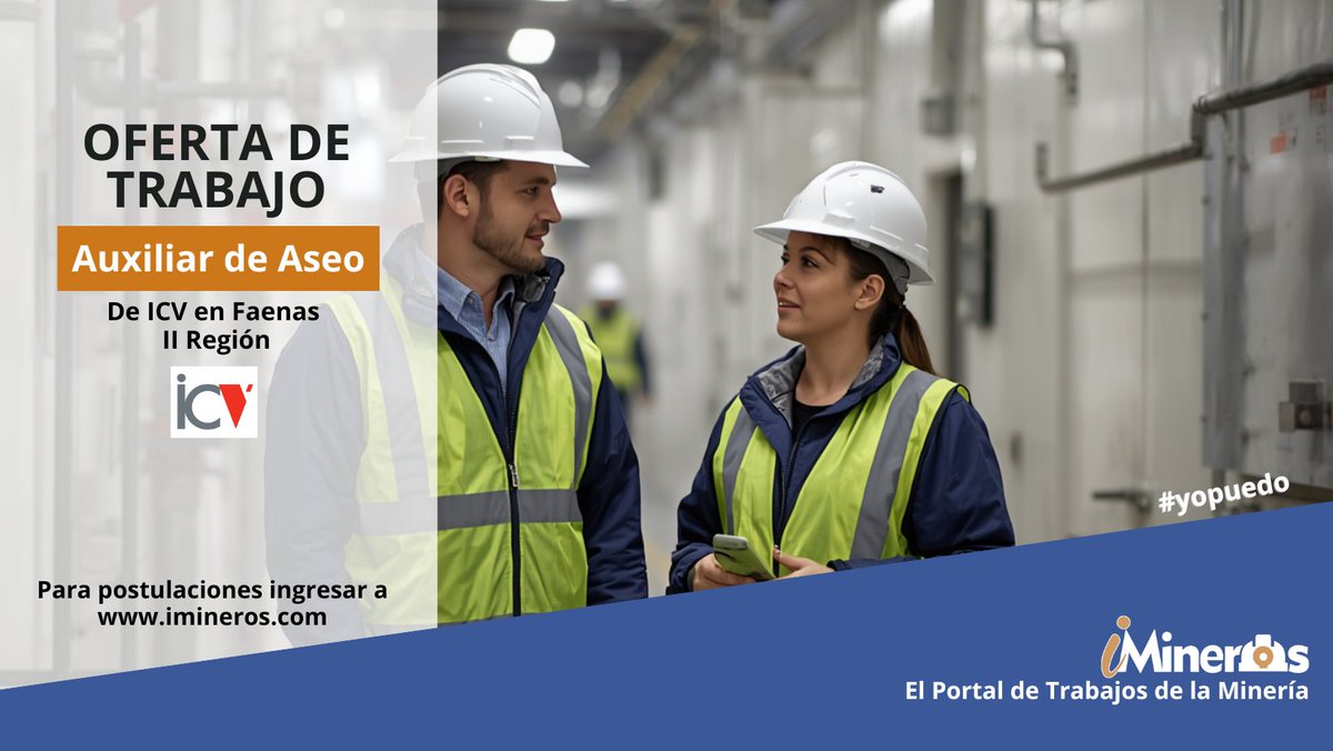 iMineros's tweet photo. ICV está reclutando Auxiliar de Aseo quien será responsable de ejecutar labores de limpieza, orden y sanitización en las distintas instalaciones de la faena. Detalles y postulaciones en: https://t.co/C1ffvfi7GE

#minería #trabajo #ofertadetrabajo #ofertadeempleo https://t.co/1OZCAYeh3j