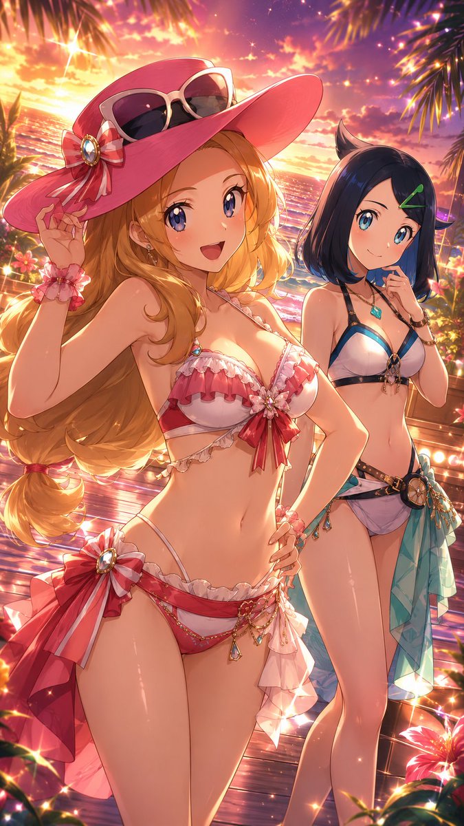 disya226's tweet photo. 【カロスの輝き、パルデアの新しい風】

セレナ「さあリコ、今日は一緒にステージを楽しもっ♪」
リコ「えへへ…セレナさんみたいに、私も少しだけ輝けるかな？」

カロスのプリンセス感あふれるセレナと、
パルデアの冒険心をまとったリコのコラボ✨

夕暮れのリゾートステージで並ぶ2人、これはかなり映える…！
先輩ヒロインと新世代ヒロインの組み合わせ、やっぱり強い🥰
てか、セレナ可愛すぎ💦

#ポケモン #Pokemon #セレナ #リコ #アニポケ #ポケモンイラスト #非公式イラスト #AIイラスト #AIart #水着イラスト #ビキニイラスト #アニメイラスト