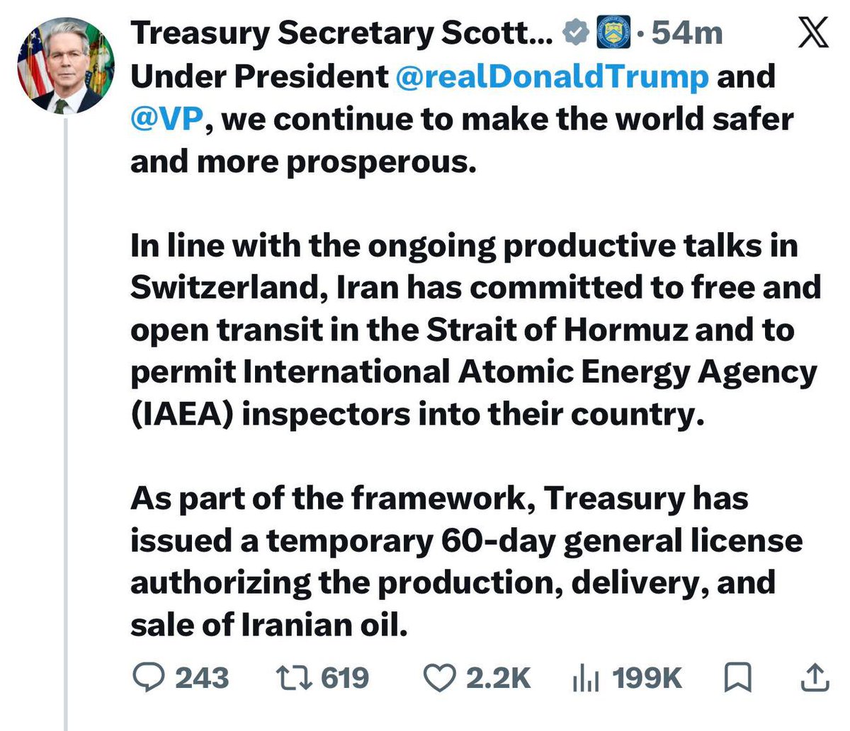 _eliweber's tweet photo. Treasury Secretary Scott Bessent posts on X  about U.S. Treasury Department issuing a 60-day general license waiving sanctions on Iranian oil. https://t.co/YW0UDMQKqi