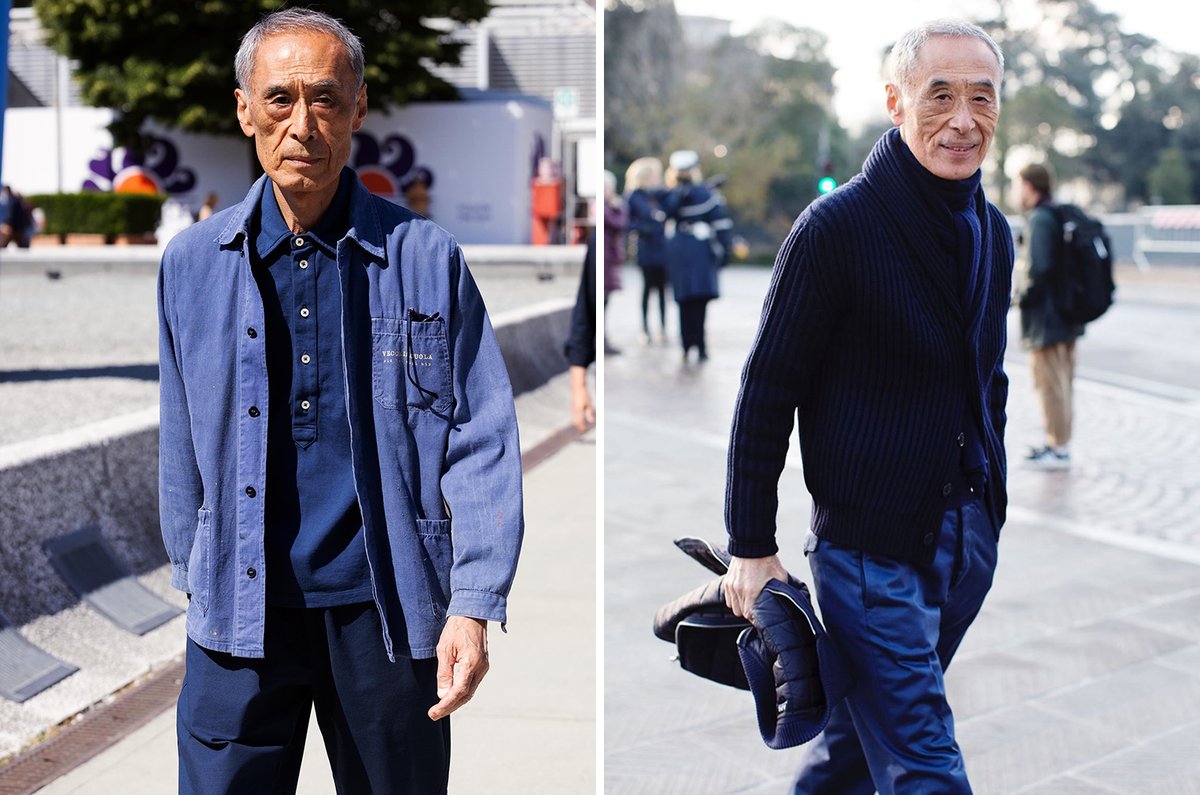 dieworkwear's tweet photo. For the last 15+ years, Noboru Kakuta has worn a slightly different version of the same outfit to the menswear trade show Pitti Uomo: a blue jacket with gray or blue pants and brown suede shoes. This summer was no different. He wore a faded blue chore coat. https://t.co/lHA1NFygZD