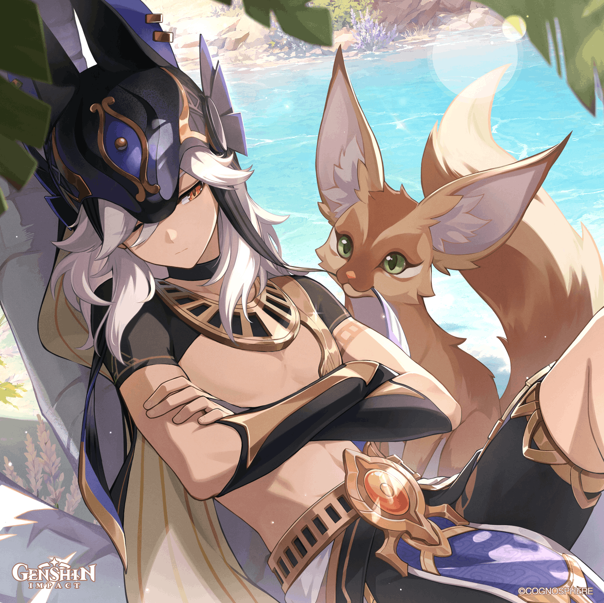 GenshinImpact's tweet photo. Happy Birthday, Cyno!
#GenshinImpact #Cyno 

Want to lie down with this little one for a bit? let's not let this lovely afternoon sunshine go to waste.
It's nap time, so no more "foxy business"... Ahem, I just mean I'd like it to stop chewing on my hair.
This little troublemaker is quite clever. It's probably doing this to get me to play with it.
Guess I'll just have to do what it wants. If you don't have any other plans for later, how about you join me for a walk by the lake?
