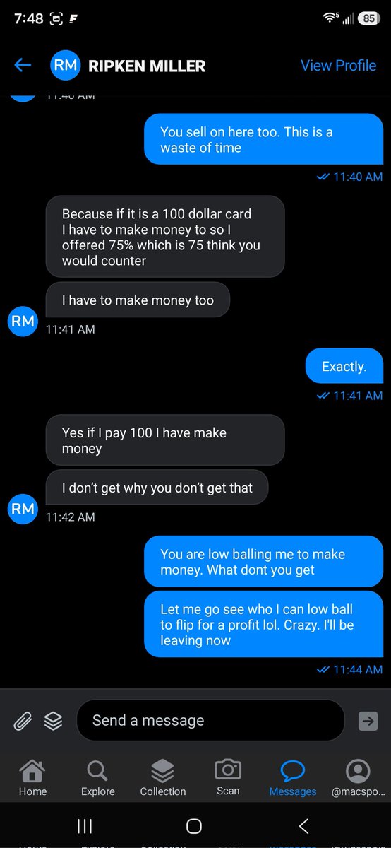 The_ram31's tweet photo. Anyone else struggle with collx? Seems to be a lot of people trying to come up on others @CardPurchaser. Guy asked how much for a card, I offered $20 off and then fun began. Don't sell to ppl like this https://t.co/Gq92YSpYUJ