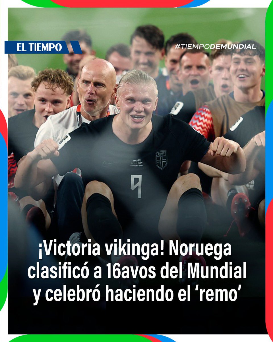 ELTIEMPO's tweet photo. 🇳🇴🪓 ¡Histórico! Hoy la selección de Noruega se clasificó a los 16avo del Mundial 2026 luego de vencer a Senegal 3-2 en un partido lleno de goles en el que 'el androide' Erling Haaland volvió a demostrar su capacidad goleadora.

La celebración de la hinchada se trasladó al campo de juego, pues al son del tambor tocado por Odegaard, todo el plantel hizo el popular 'remo noruego' para festejar la histórica clasificación.