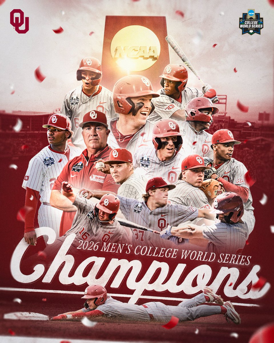NCAABaseball's tweet photo. THE OKLAHOMA SOONERS ARE THE 2026 #MCWS NATIONAL CHAMPIONS 🏆☝️⚾️✨

@OU_Baseball wins its third title, the first since 1994, defeating (5) North Carolina, 13-2, in the winner-take-all game of the Championship Finals. https://t.co/2borvFsJ9K