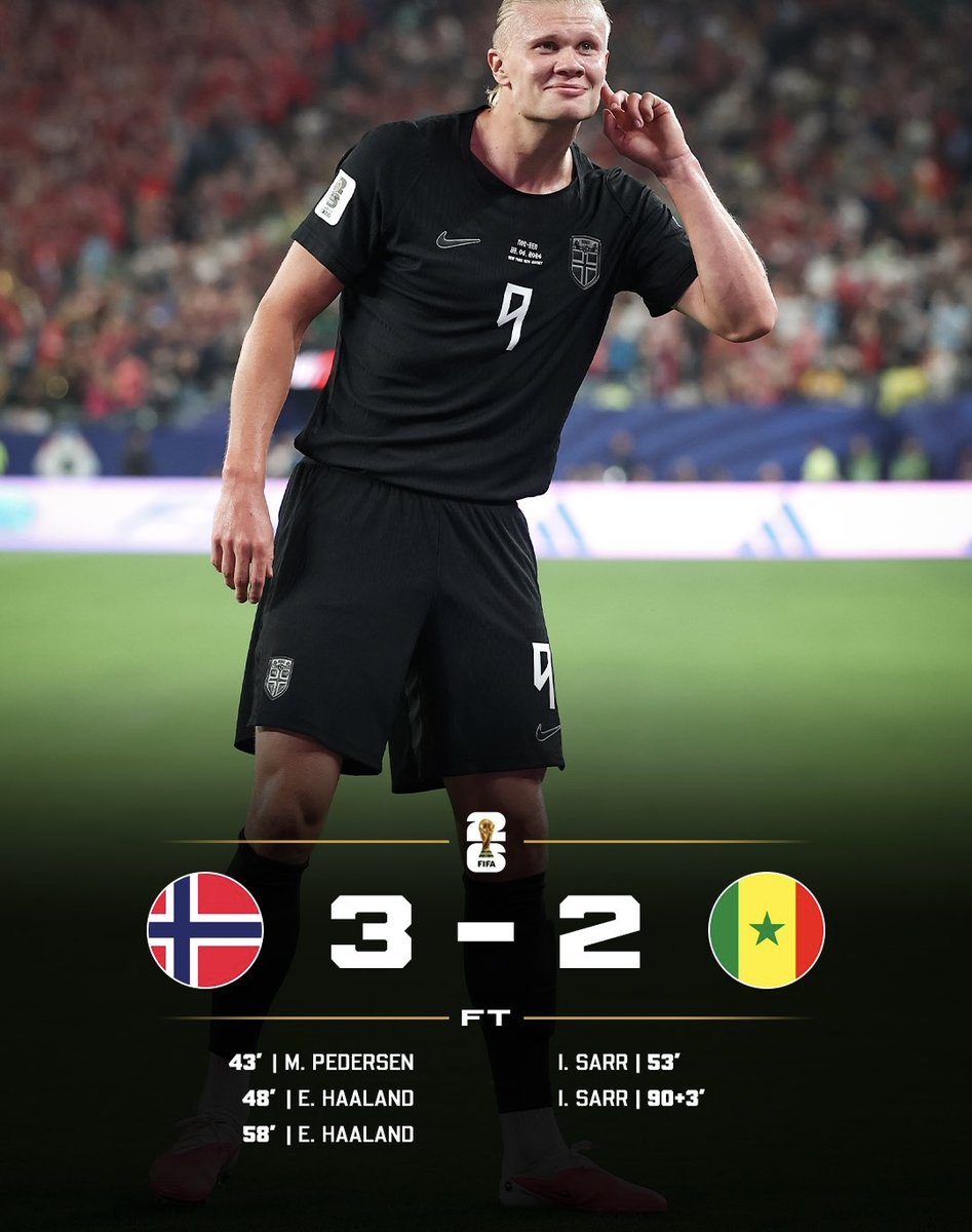 fwc_solana's tweet photo. HAALAND shines again as NORWAY defeat SENEGAL. ⭐️

NORWAY 🇳🇴 3 - 2 🇸🇳 SENEGAL

$FWC https://t.co/l5T8ULhRMh
