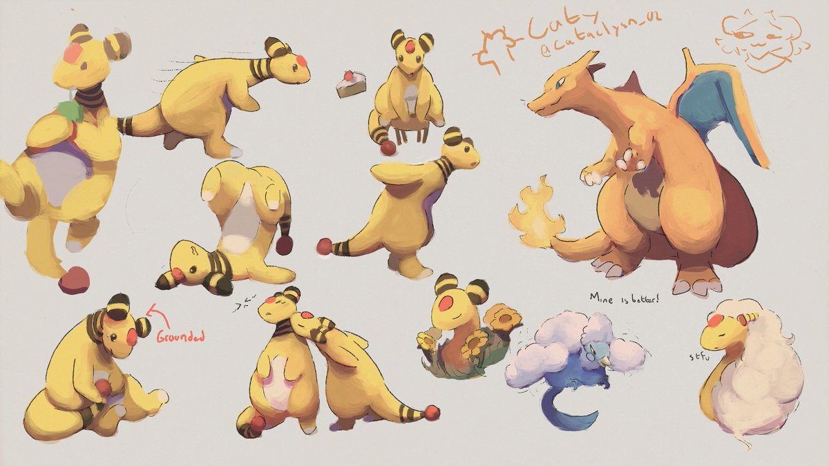 Cataclysm_02's tweet photo. ampharos doodle sheet , meowwww https://t.co/DMImF14mos