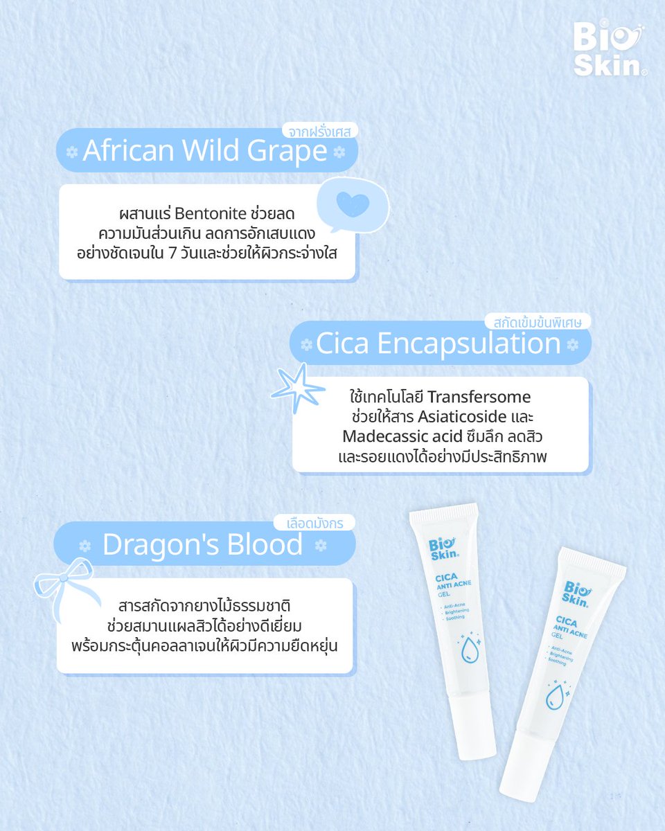 BioskinTH's tweet photo. สิวยุบไว ไม่ทิ้งรอย จบวงจรหน้าพัง CICA Anti-Acne Gel 
#เจลแต้มสิว #สิวอักเสบ #สิวผด #bioskin #acnegel #เจลแต้มสิวไบโอสกิน #เป็นสิวผิวเเพ้ง่าย https://t.co/DwXo3AaiiV