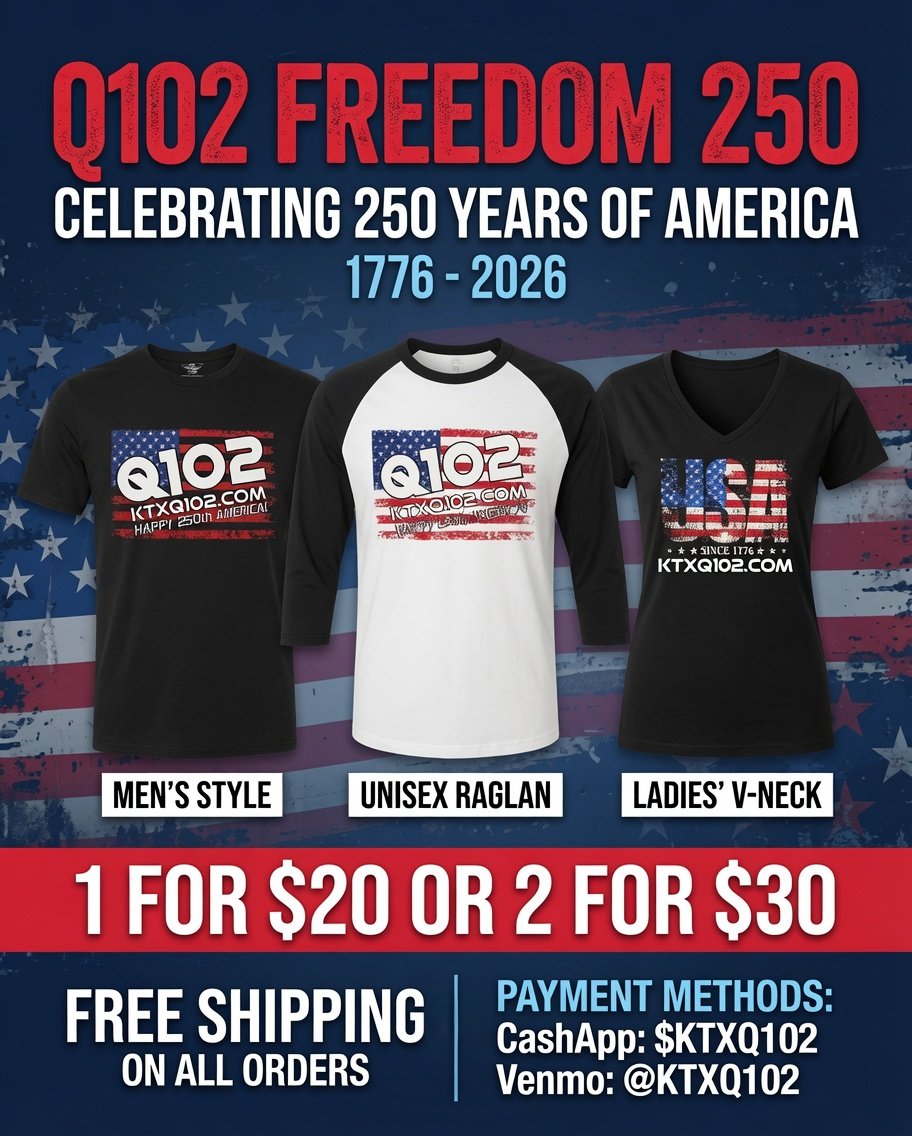 KTXQ102's tweet photo. Q102 Freedom 250 shirt deal is LIVE 
1 for $20 or 2 for $30 
CashApp: $KTXQ102 
Venmo: @KTXQ102 
FREE SHIPPING or Local Pickup 
Please include your size, ladies or men &amp; address. 

Chris Nite 214-771-8190 
Owner of Q102 | https://t.co/KSMyJAcZI2 
#liveradio #Q102 #july4th https://t.co/DY0kPVrkYe