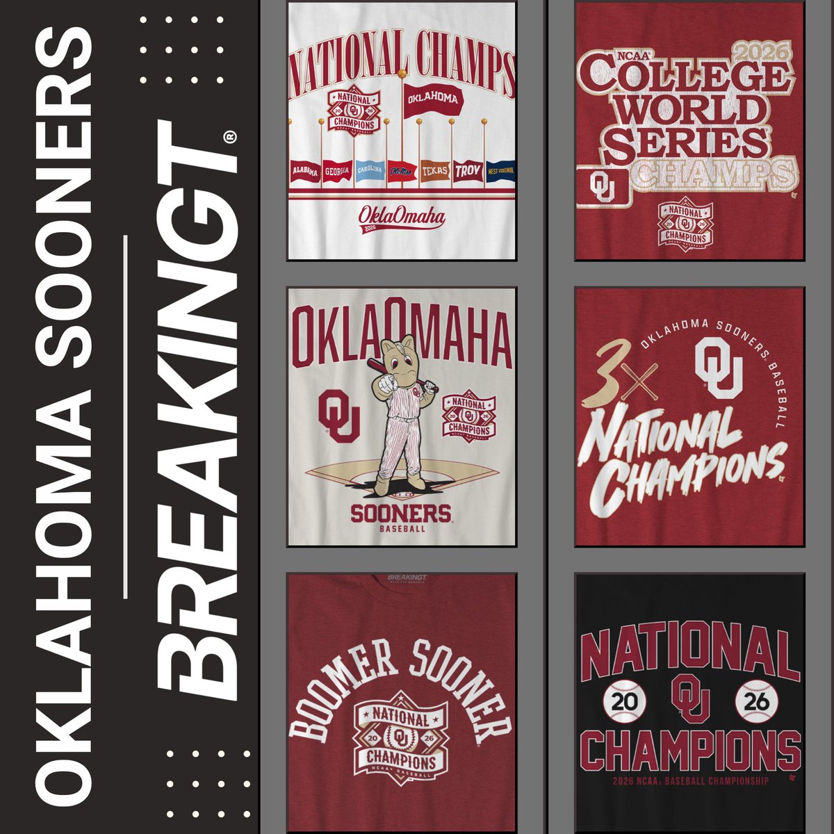 CCMachine's tweet photo. THE SOONERS ARE NATIONAL CHAMPIONS! @BreakingT has you covered to celebrate Oklahoma’s magical run through Omaha. T-shirts available in adult and youth sizes in the thread below. https://t.co/e5bNCc9urI