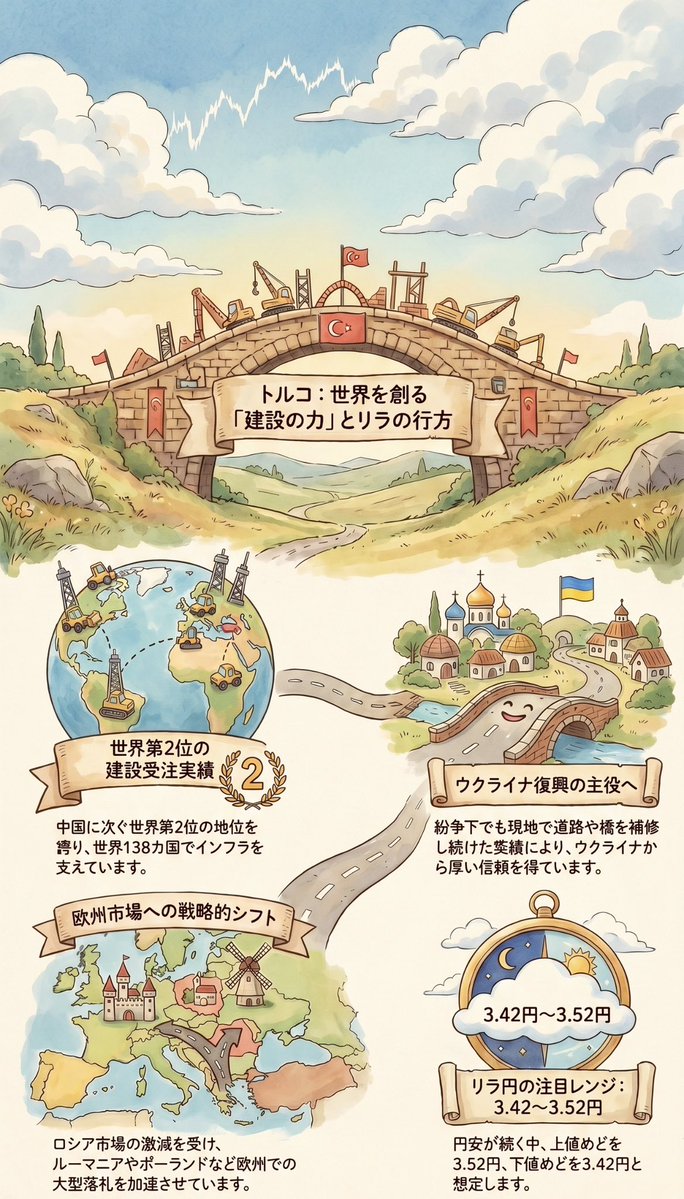 bumanfx's tweet photo. 【三菱UFJeスマート証券】【6/23トルコリラ🇹🇷🇯🇵今日のポイント】
　週明けのトルコリラ円🇹🇷🇯🇵は、先週高値3.48円付近で底堅く推移📈リラ🇹🇷は対ドル🇺🇸で最安値を更新したが、ドル円🇺🇸🇯🇵が2024年7月以来の高値を更新⤴️した影響を受けた。

　本日のリラ円🇹🇷🇯🇵もドル円🇺🇸🇯🇵の動向次第。昨日は片山財務相とベッセント米財務長官が緊急でオンライン会議を行ったことが報じられ、ドル円🇺🇸🇯🇵は161円後半から売り戻しが強まる場面があった。それでも161円台は維持されており、政府・日銀🇯🇵による実弾介入が入らない限り円安🇯🇵の流れは止まりそうにない💦本邦当局の本気度が試されることになりそう😅

　ところで、トルコ🇹🇷建設連盟のエレン会長は、ウクライナ🇺🇦の戦後復興において同国の請負業者が中心的な役割を果たすとの見解を示した。トルコ🇹🇷企業は紛争下の困難な状況でも現地に留まり、道路や橋、エネルギーなどのインフラ補修プロジェクトを継続して完了させてきた実績がある。ウクライナ🇺🇦当局から厚い信頼を得ており、今後は資金力を持つ日本🇯🇵や欧州🇪🇺の企業と共同事業体を組むことで、巨額の復興プロジェクトを効率的に実行できる体制を整えている。

　トルコ🇹🇷の建設業界は世界138カ国で受注実績を誇り、米建設専門誌の請負業者ランキングでは中国🇨🇳に次ぐ世界第2位の地位を維持。近年は最大の市場であったロシア🇷🇺での新規受注が西側の経済制裁により事実上ゼロに激減したため、欧州市場への戦略的シフトを急加速させている💨

　直近では技術力とコストパフォーマンスを武器に、ルーマニア🇷🇴やポーランド🇵🇱、ブルガリア🇧🇬などで大型インフラ案件をトルコ🇹🇷が相次いで落札した。今後も、外貨獲得💰のために建設業が重要な役割を占めることになりそう。

　リラ円🇹🇷🇯🇵のチャートポイントは、日足一目均衡表・雲の上限3.52円を上値めどと想定📈下値めどは、流動性が枯渇していた5月22日早朝につけた3.42円を見込む📉

【今日の予定】特になし

【昨日の指標結果】特になし

【昨日のレンジ】3.47円-3.48円

#fx
#トルコリラ円