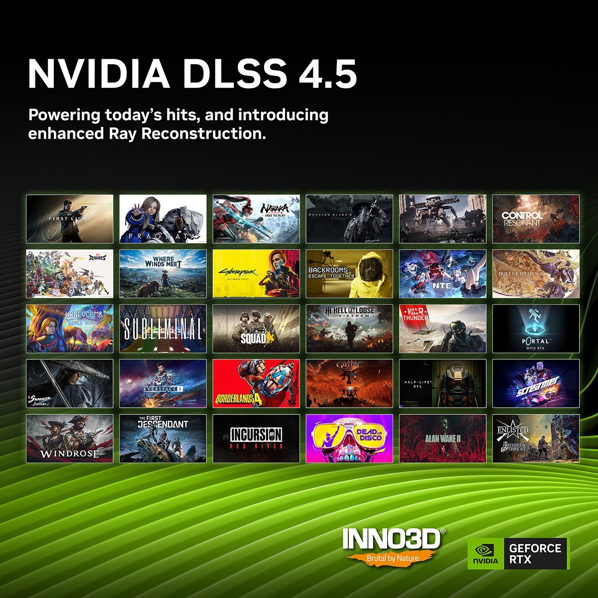 Inno3D's tweet photo. Are you excited with the latest update on your INNO3D RTX GPU? DLSS 4.5 is powering today’s hits & tomorrow’s releases! Check out the current & upcoming games that will feature native support for DLSS 4.5.

#brutalbynature #inno3d #blackwell #geforce #grd #rtx #gpu #dlss #pcgaming #phantombladezero #cindercity #backrooms #squad #marvelrivals #narakabladepoint