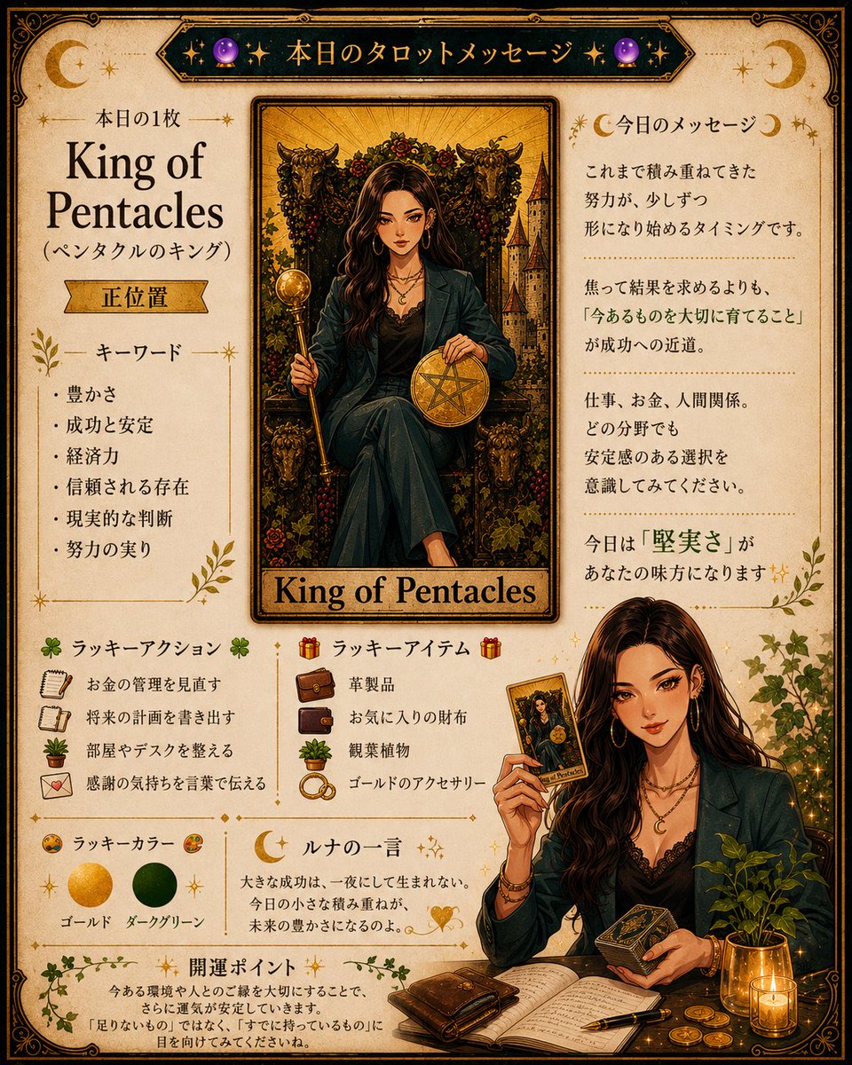 Luna_tarot_moon's tweet photo. 👑 King of Pentacles
今日の豊かさは、
「今あるものを大切にすること」から始まる。
焦らなくて大丈夫。
積み重ねた努力はちゃんと実を結ぶ🌱✨
#タロット #今日の運勢 #KingOfPentacles https://t.co/NH5nuDfJsW