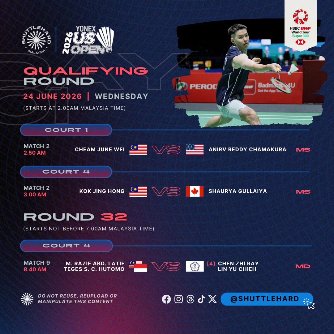 ShuttleHard's tweet photo. Jadual Perlawanan #USOpen2026
Hari Pertama | Kelayakan & Pusingan Pertama

⏰ Q: 2.00AM, R32: 7.00AM
▶️ YouTube BWF TV 

#BWFWorldTour minggu ini ke Fullerton, California 🇺🇸 bagi saingan Super 300 di Terbuka US.

0️⃣2️⃣ Perseorangan Lelaki #BadmintonMalaysia perlu melalui Pusingan Kelayakan manakala Lee Zii Jia akan memulakan aksi R32 di Hari Kedua (awal pagi Khamis)

Sementara wakil tunggal Beregu Lelaki 🇲🇾 yang berpasangan lintas negara memulakan aksi R32 awal pagi Rabu.

#UNBRKBL 
#ShuttleHard