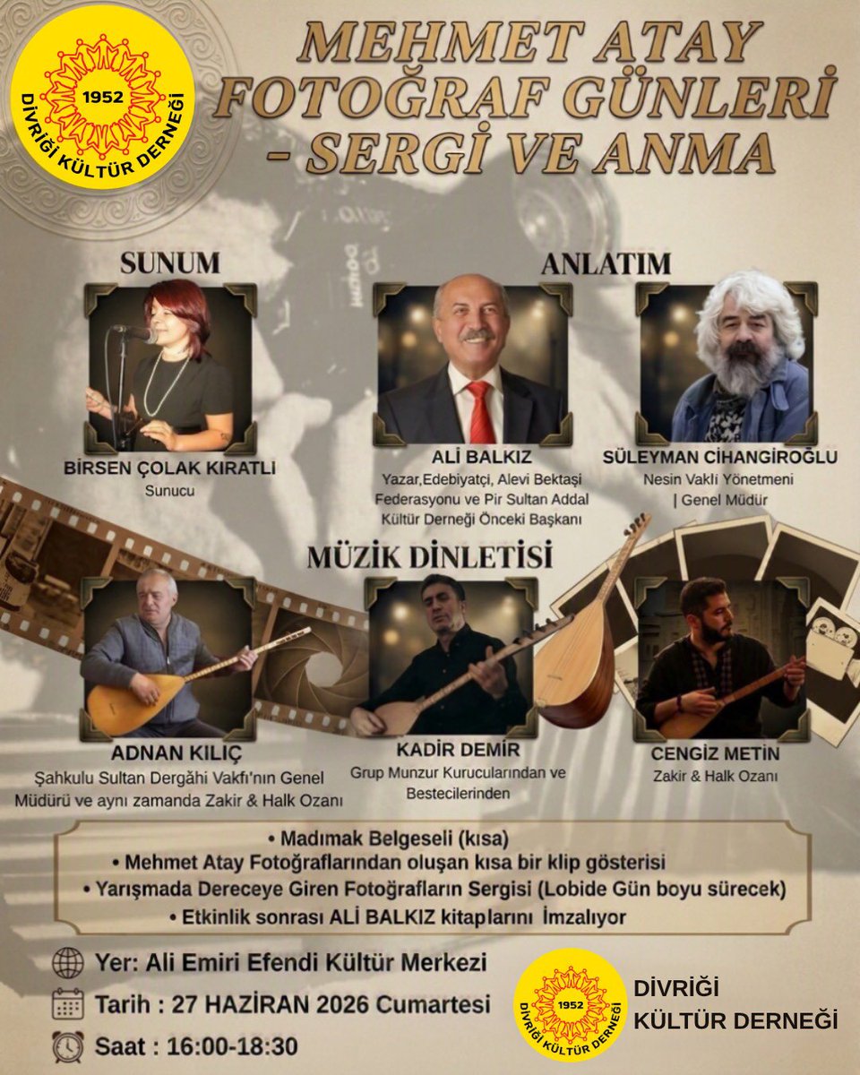 cihanerdo's tweet photo. Mehmet Atay Fotoğraf Günleri, Barış Temalı Fotoğraf Yarışması Sergi, Ödül ve Mehmet Atay Anma Programına davetlisiniz. 

Yitirdiğimiz canları, anmak, anılarını daimi yaşatmak üzere buluşalım. 

🗓️27 Haziran 2026 - Cumartesi

⏱️16:00 - 18:30

📍İBB Fatih Ali Emiri Efendi Kültür Merkezi
Vatan Caddesi Emniyet Müdürlüğü Arkası

🚌M1 Yenikapı- Havalimanı Metro Hattı - Emniyet Durağı

#MehmetAtay #Madımak #Sivas 

@dvrgkltr