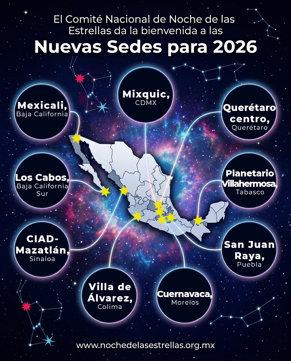 NocheEstrellas's tweet photo. ¡LA FAMILIA CRECE! ✨🚀
Nos da muchísimo gusto y orgullo poder presentar a las nuevas sedes de #NochedelasEstrellas que nos acompañarán en esta gran aventura astronómica:
Gracias por sumarse a este viaje de divulgación, ciencia y pasión por el universo.
#NdE2026  #Astronomía https://t.co/tLIJHO1SoU