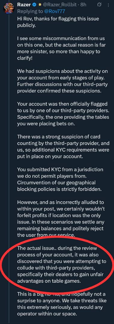 allin_happyjuli's tweet photo. @Razer_Rollbit
Still waiting on specifics. Which table? Which dealer?? What exactly was the "collusion"... a joke in chat or an actual backroom deal??????
@Rov777 dropped his full logs publicly and asked the same question.. $250k+ stakes deserve real transparency, not some vague claims that conveniently changed after you came up with the location excuse which was bs. 
Evidence or it didn't happen 
Pay the guy his money and stfu and why tf did you block me?