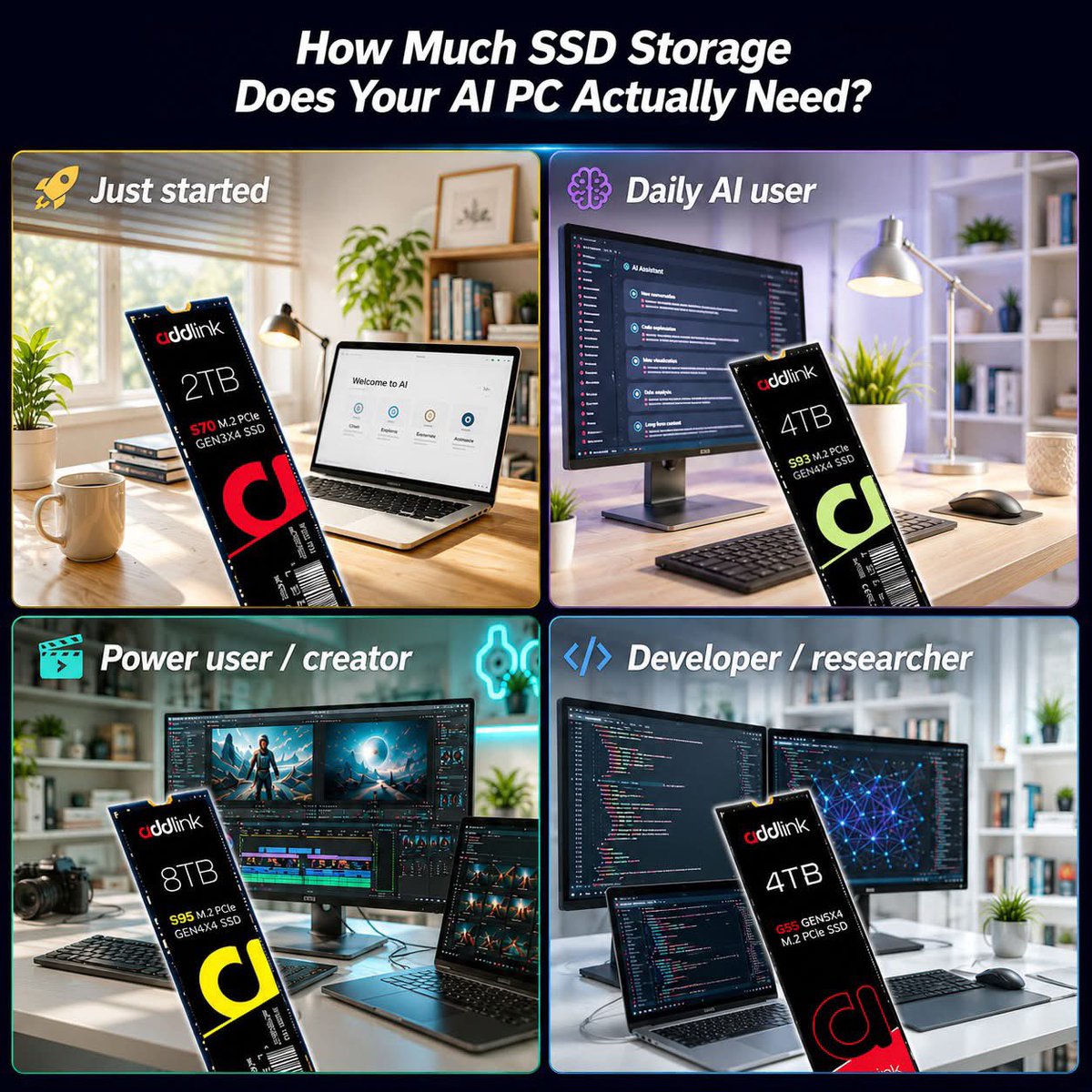 addlinkchannel's tweet photo. How much SSD storage does your AI PC need?
For local AI, image generation, and large datasets, the right SSD capacity and speed matter.
Choose from 1TB, 2TB, 4TB+, Gen4, or Gen5 SSDs based on your AI workflow.
Learn more:https://t.co/HRqtJhthIm
#addlink #AIPC #Gen4SSD #LocalAI https://t.co/Ud2UvpQEe2
