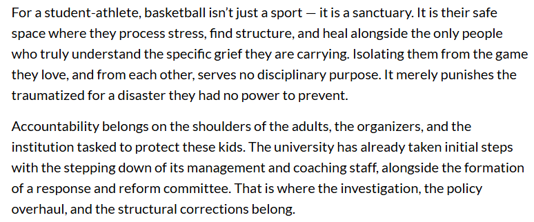 TeamAMDG's tweet photo. "Hold accountable those responsible, impose sanctions if there are violations, but don’t ever punish the student-athletes just to satisfy a sense of revenge or misplaced equality.

Let’s not add to the trauma by making the [Ateneo] Blue Eagles sit out."
https://t.co/7ZjCdgtn0U https://t.co/t9ggCtL2Zh
