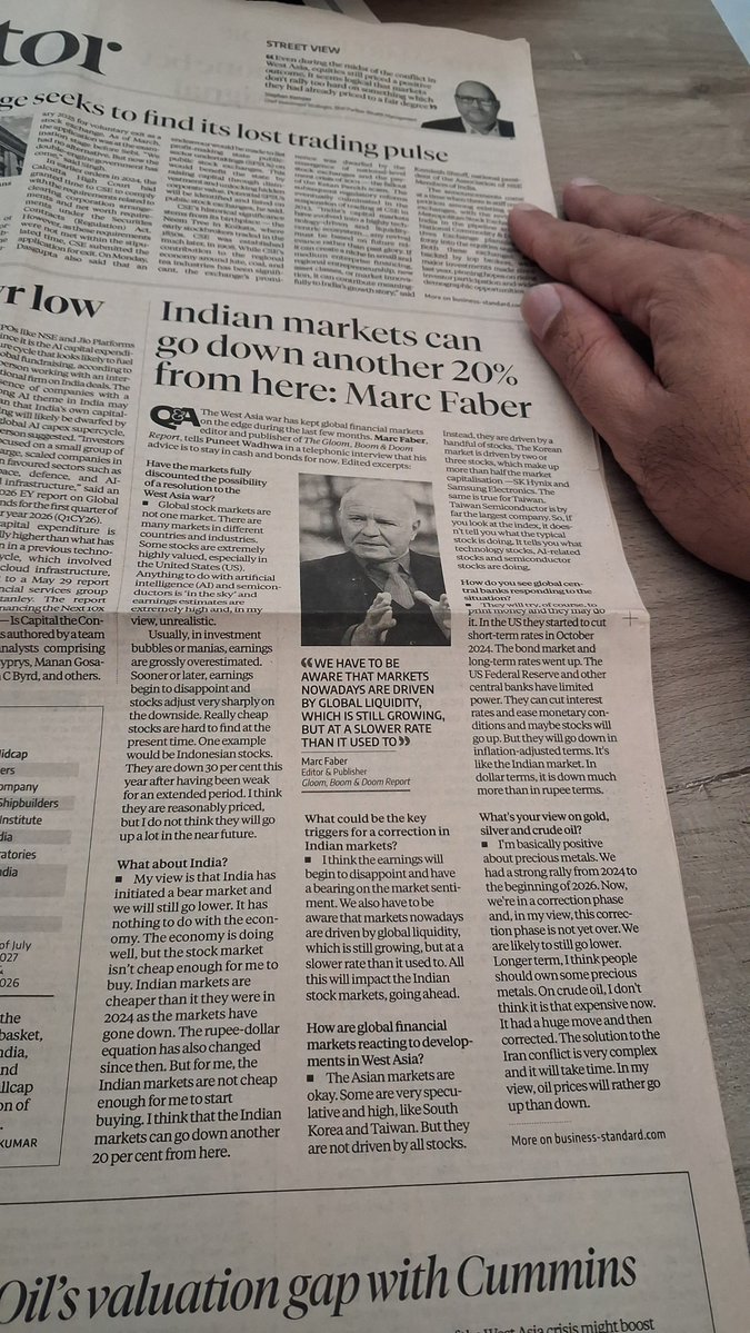 ActusDei's tweet photo. Marc Faber says Indian markets can go down another 20%. Why? The market isn't cheap enough.
He forgets, domestic capital is cooped up with nowhere to go. That holds up an expensive market. https://t.co/uHuXBuCHDO