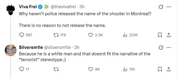 NormonH3's tweet photo. @silversm1le @thevivafrei The topic is "why haven't the policed release the name of the shooter in Montreal".  Your response, "because he is white".  You now want to bring in a non-sequitur.  What does "terrorist" have to do with naming the shooter? https://t.co/ynrnMBW2aI