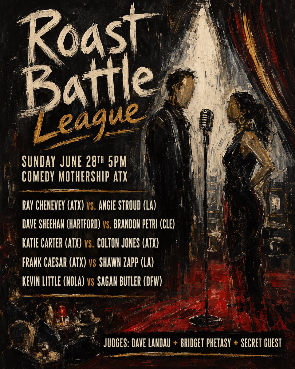 RoastBattle's tweet photo. Roast Battle League returns to the comedy mothership Sunday Night June 28th 5pm

Featuring battlers from ATX, LA, NOLA, DFW, Cleveland and Hartford 

Tix: https://t.co/ocFIINrQqn https://t.co/ebku6GdnOl