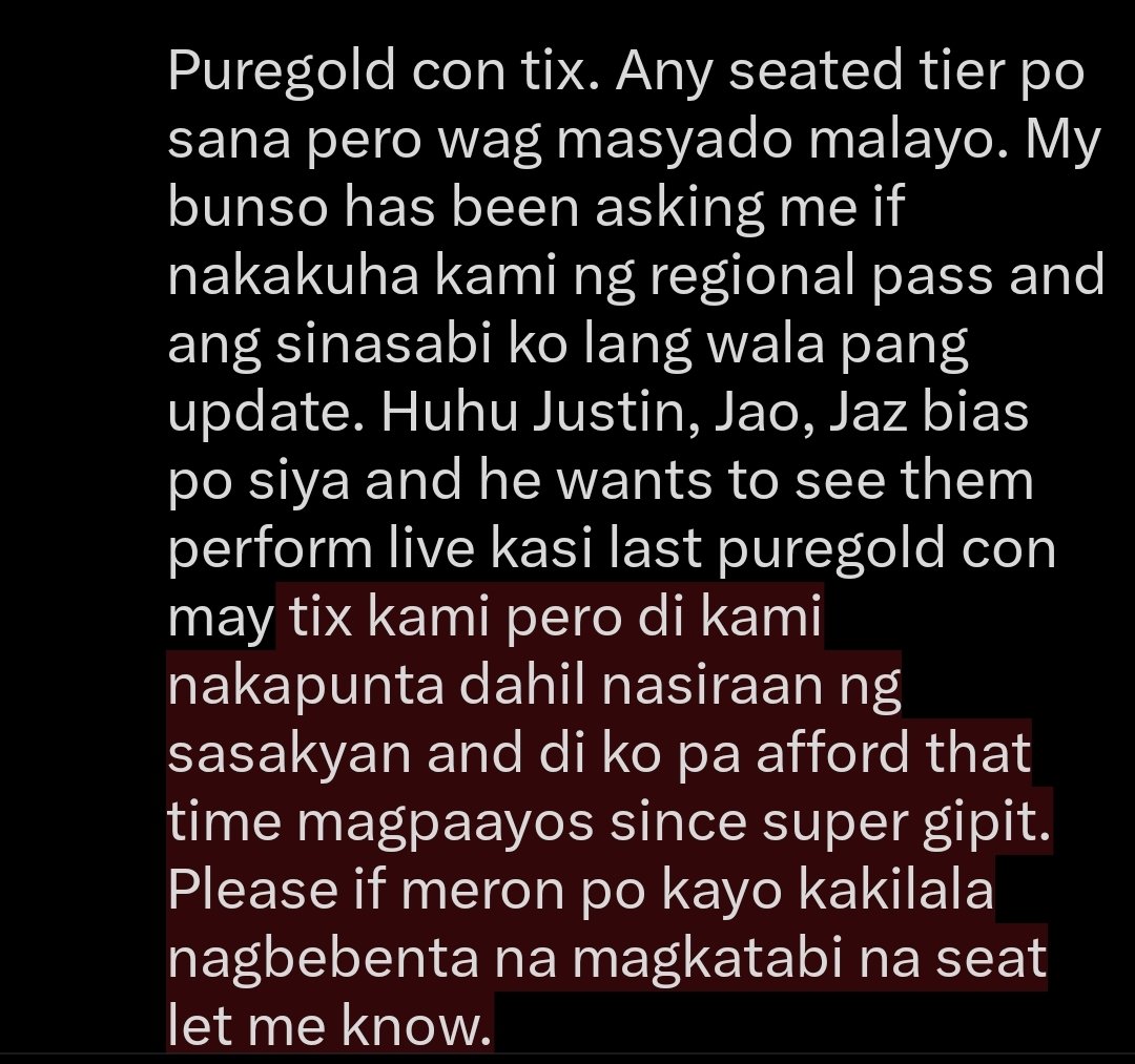 stell_bibi's tweet photo. Lfs wtb

Puregold OPM con tix. Any seated tier po sana pero wag masyado malayong tier and if pwede po magkatabi na seat for me and my 7y/o bunso.

Tags
Puregold OPM Con SB19 stell justin josh ken pablo ALAMAT Jao Taneo Mo Rji Alas Tomas G22 Jaz Alfea AJ https://t.co/QU8wjLS4mZ