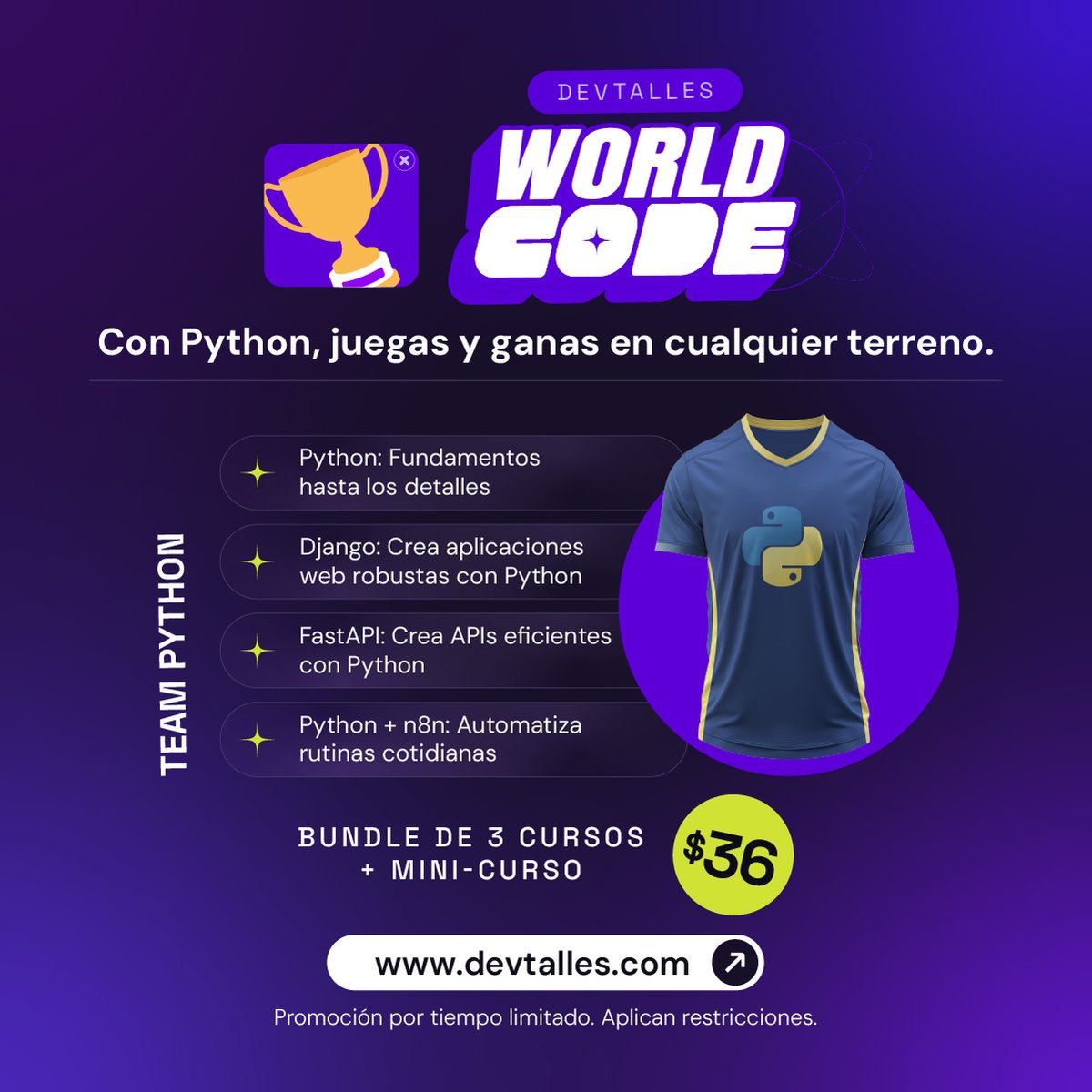 DevTalles's tweet photo. 🏆🧑🏻‍💻¡Arranca la #FASE1 de la #WorldCode26!

1⃣ Por la primera fase de grupos: traemos útiles paquetes de varios cursos a precio de #Oferta

⚽️¡Aprovecha este #Descuento para pulir tus técnicas en #IA, #Csharp, #Java o #Python!

👉Adquiérelos YA desde aquí: https://t.co/TKDuafBcwe https://t.co/kvSTEsJevd