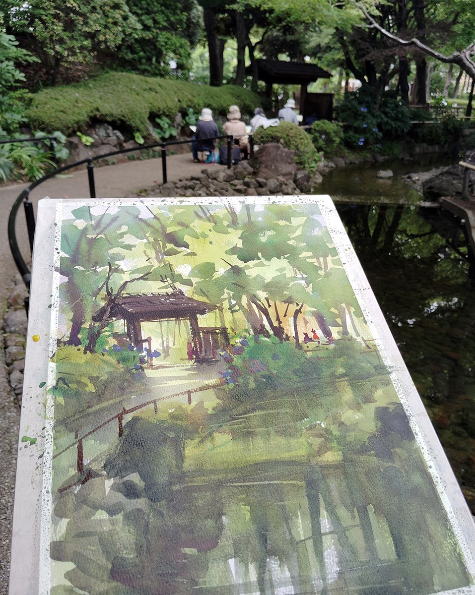 先週横浜教室、横浜公園で日本庭園をスケッチしました。 #水彩画