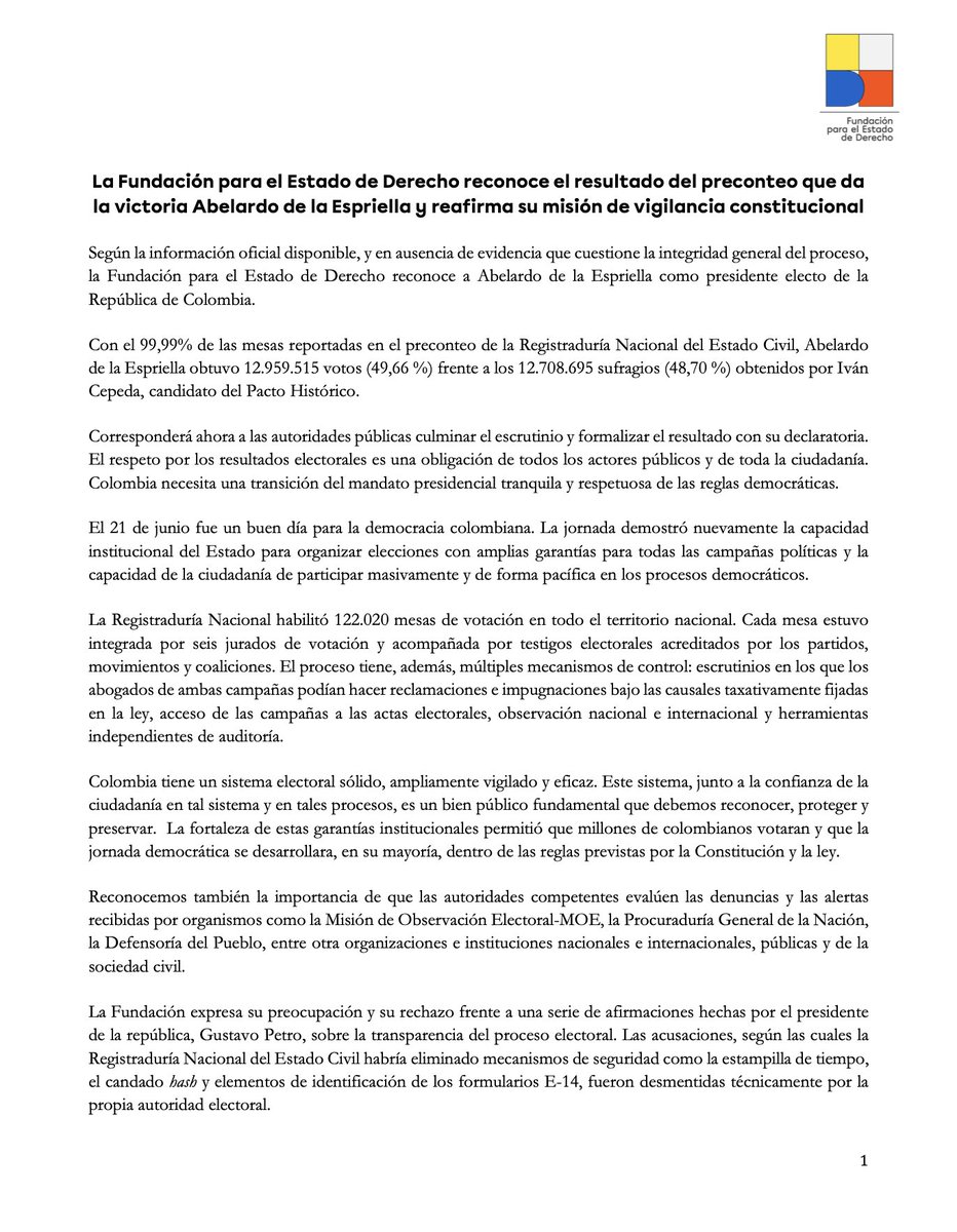 FEDe_Colombia_'s tweet photo. 🇨🇴 @FEDe_Colombia_ reconoce, con base en la información oficial disponible y sin evidencia que cuestione la integridad general del proceso, a @ABDELAESPRIELLA como presidente electo de Colombia.

Corresponde ahora culminar el escrutinio y formalizar la declaratoria correspondiente.

El 21 de junio fue un buen d��a para la democracia colombiana. Nuestra vigilancia del Estado de derecho continúa.

Conoce nuestro comunicado 🔗 https://t.co/TI97pD0eZB