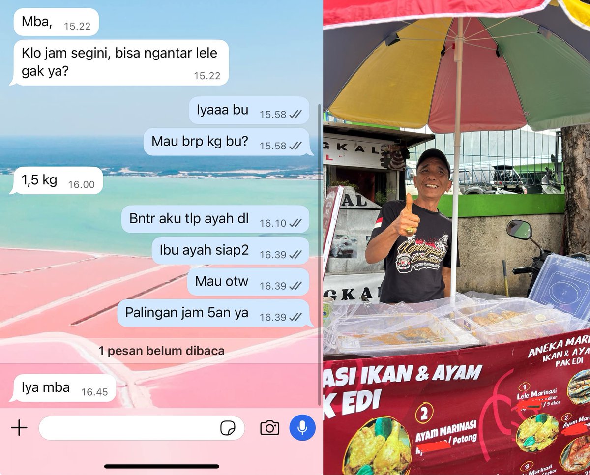 txtharihariWNI's tweet photo. Ayah ku kan jualan ikan marinasi di kalisari pasar rebo. Nah hari ini ikan lele dan ayam marinasi nya gak laku sama sekali, cuman laku ikan nila itupun hanya 1 ekor nila😭😭😭
Tiba2 ada yg wa aku emg sih beliau ini langganan ikan marinasi di aku. Dia pesen 1,5kg lele marinasi. ALLAHUAKBAR lele yg td gak lakuu akhirnya laku tiba2 diborong .
Bener2 yaaa rezeki itu ALLAH gak akan salah kasih😭😭Ayah langsung aku telpon. Dia seneng bangettt🥹
Siapa tau disini ada yg minat pesen by dm atau komen ya guys🥹

Guys lokasi lapak ayah ada di depan gedung griya asni kenangaaa. Samping gang jimmy kalisari yaaaa atau deretan O!save. Ayah jualan pake motorrrr.
Buka jam 6 pagi - 2 sianggg. Tapi kalau udah habis duluan ayah pulang cepet . Bantu ramaikan jualan ayah ku ya guys. Biar semangatttt nihh usia ayah 60th😍😍
Makasiiiii banyak ya💞

Guys ramein yuk🙏🙏🙏

sc:threadselafrynt