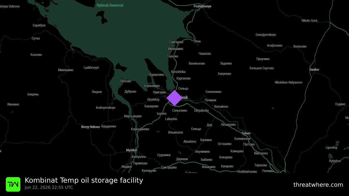 threatwhere's tweet photo. 🔥 RYBINSK, RUSSIA: Fire at Kombinat Temp oil storage facility destroys 15 fuel storage tanks. Satellite imagery confirms extent of damage. Cause under investigation.
#Rybinsk #Russia #InfrastructureAttack #ThreatIntel #Threatwhere
🌐 https://t.co/OynstudItp https://t.co/krNxSChDds