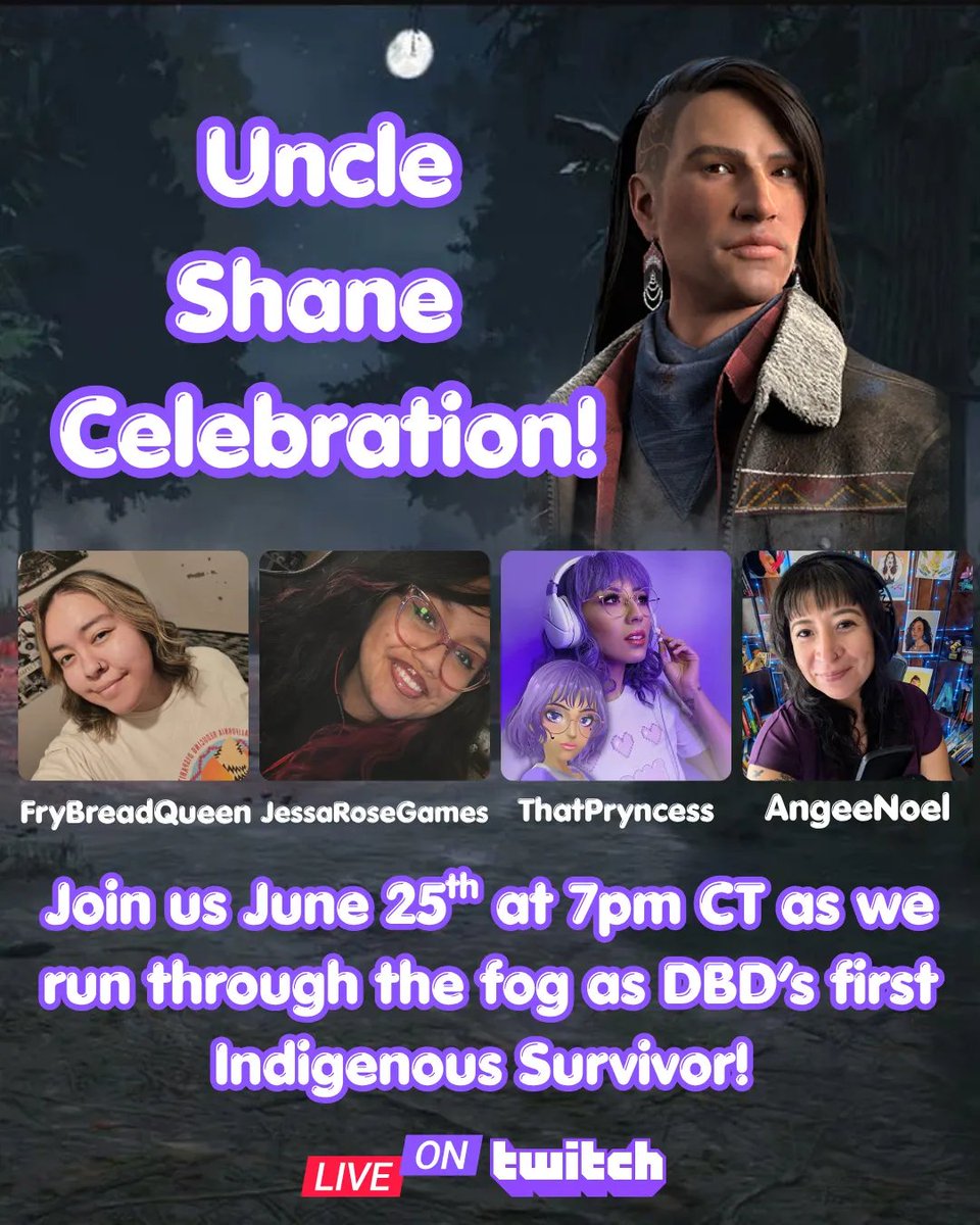 angeenoel's tweet photo. On Thursday, June 25, at 7 PM CT, I will be streaming with Indigenous Alliance members to celebrate the release of Shane in Dead by Daylight with @frybreadqueen, @Jessarosegames, and @thatpryncess ! https://t.co/VmaZLArRKQ