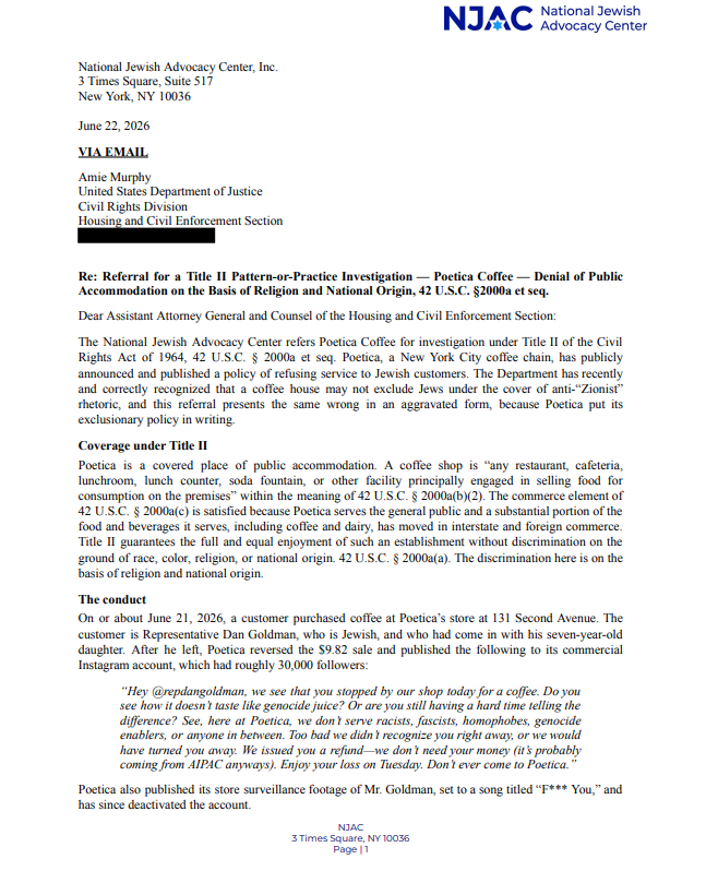 MarkGoldfeder's tweet photo. And that is why @NJACLaw filed two referrals today: one to DOJ for a Title II pattern-or-practice, and one to the NYC Commission on Human Rights.

Public accommodations can’t say “No Jews” just because they spell it “No Zionists.” https://t.co/dl3lRQxBz7