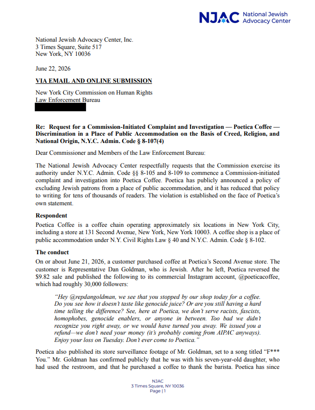 MarkGoldfeder's tweet photo. And that is why @NJACLaw filed two referrals today: one to DOJ for a Title II pattern-or-practice, and one to the NYC Commission on Human Rights.

Public accommodations can’t say “No Jews” just because they spell it “No Zionists.” https://t.co/dl3lRQxBz7