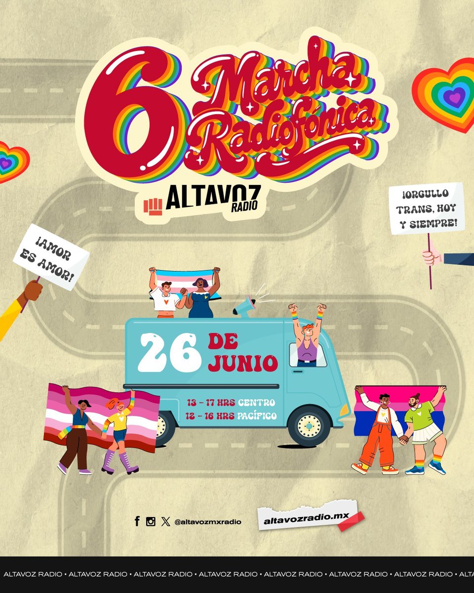 mxplus_tv's tweet photo. 📢 ¡Amor es amor y el orgullo se defiende hoy y siempre!💞

La lucha y la celebración también se escuchan, por eso este viernes, súmate a la transmisión especial de la #6MarchaRadiofónica. 🏳️‍🌈✊

¡Prende la radio en tu dispositivo favorito por #MxPlus y marcha con nosotrxs!

🗓️ Viernes 26 de junio
🕐 13:00 a 17:00 h (Centro)
🕛 12:00 a 16:00 h (Pacífico)

📲 Escucha la transmisión en: https://t.co/pphGciXZOn