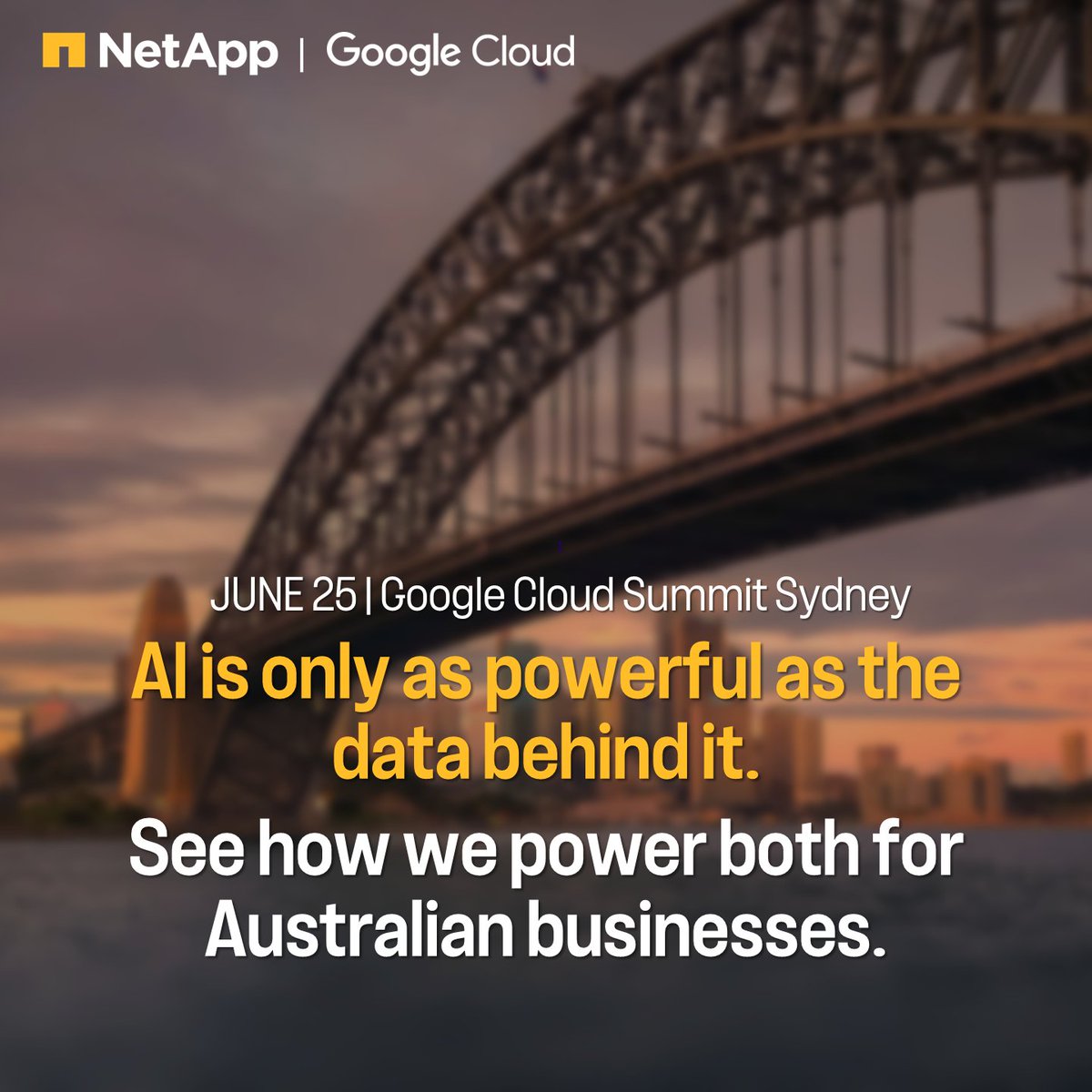 NetAppAPAC's tweet photo. Sydney, we're coming, and not just for the harbour views. Catch us at #GoogleCloudSummit:

🇦🇺 70% database cost reduction
🇦🇺 Enterprise-ready AI
🇦🇺 Painless Google Cloud migration

Your AI is only as powerful as the data behind it. We power both 👉 https://t.co/Y4sWLWmkGE https://t.co/2oqWOQbMJ7