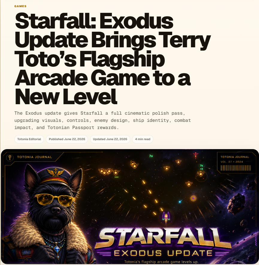 TERRYTOTO_XRPL's tweet photo. "Starfall: Exodus Update Brings Terry Toto’s Flagship Arcade Game to a New Level"

The Exodus update gives Starfall a full cinematic polish pass, upgrading visuals, controls, enemy design, ship identity, combat impact, and Totonian Passport rewards.

Read → https://t.co/dYj8egkODt