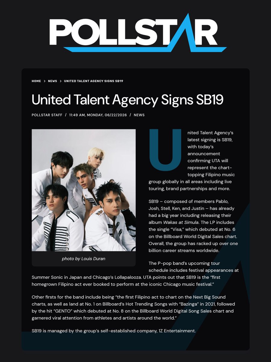 rrobotot's tweet photo. [Pollstar - Los Angeles 🇺🇸]

“The P-pop band’s upcoming tour schedule includes festival appearances at Summer Sonic in Japan and Chicago’s Lollapalooza. UTA points out that SB19 is the 'first homegrown Filipino act ever booked to perform at the iconic Chicago music festival.'” https://t.co/6bJIaG7cOD