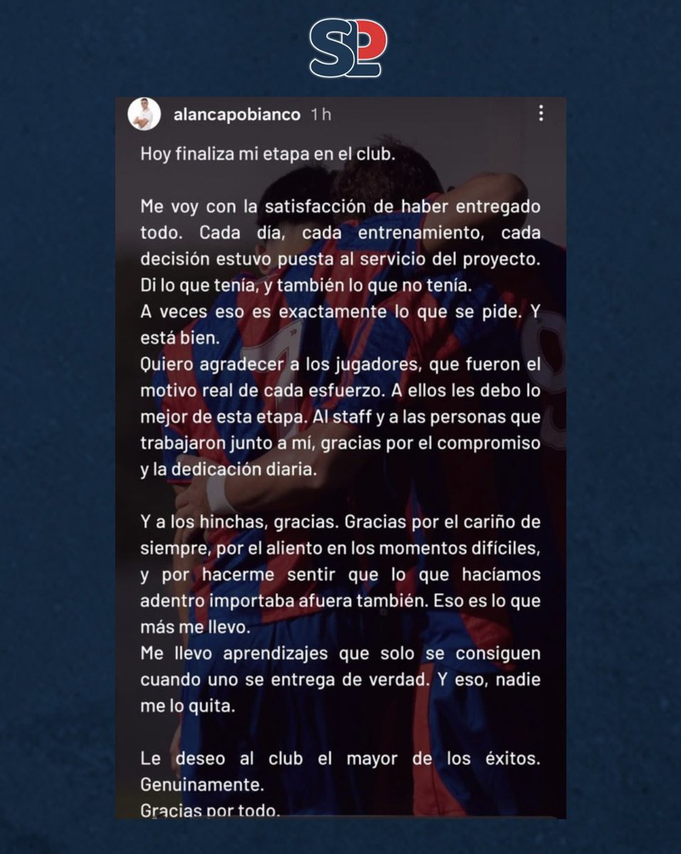 SanLorePrimero's tweet photo. 📱👋 La despedida de Capobianco

Alan Capobianco, que no continuará como DT de la reserva de #SanLorenzo, se despidió en sus redes sociales.

“Me voy satisfecho de haber entregado todo. Quiero agradecer a los jugadores, staff, e hinchas. Le deseo al club el mayor de los exitos”✍️ https://t.co/uGhbI4cAbY